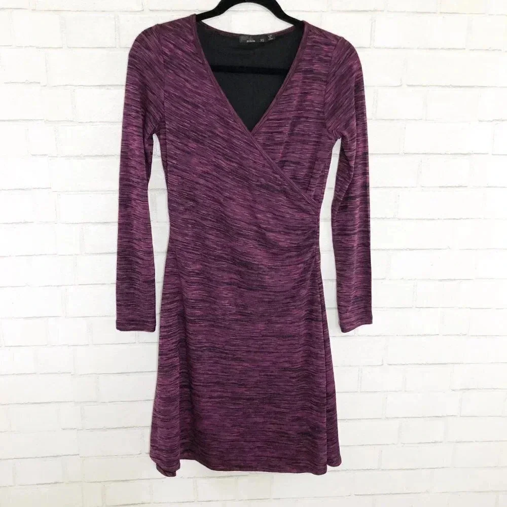 Prana Nadia V Neck Long Sleeve Faux Wrap Dress Purplish Black Space Dye, XS